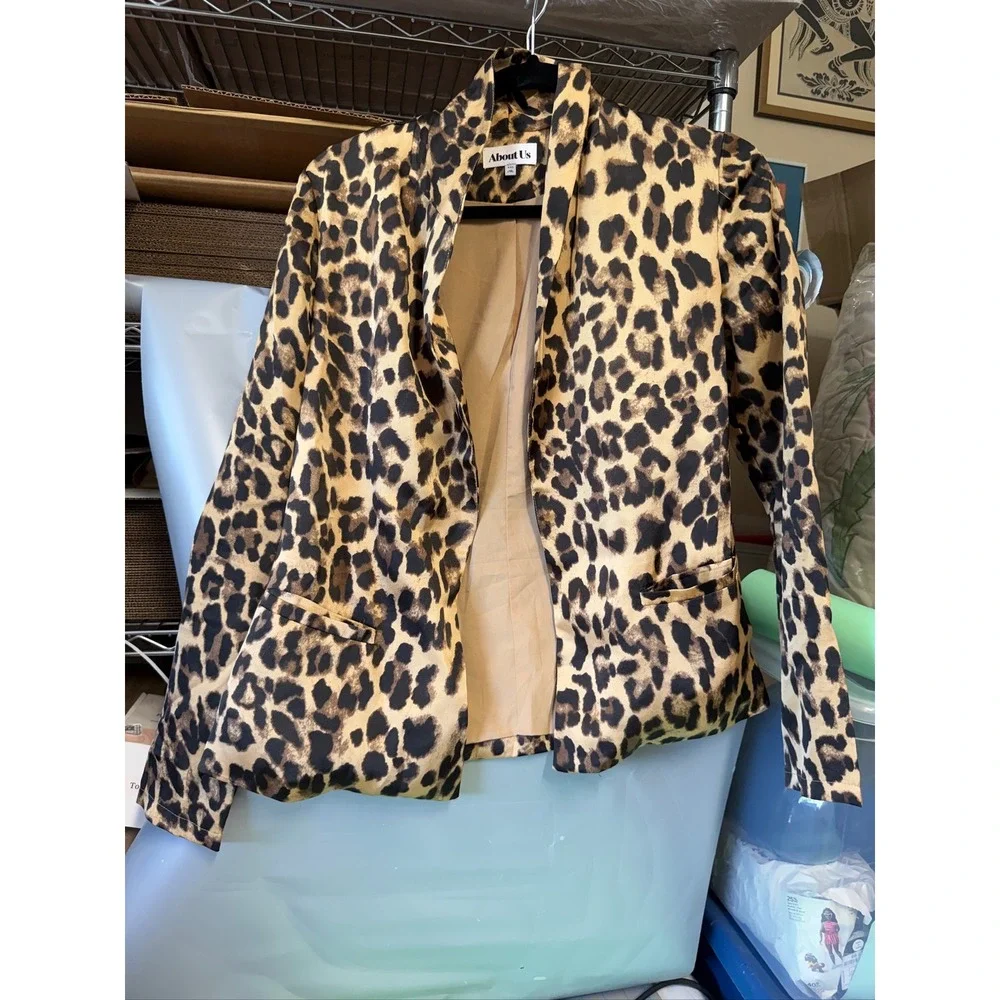 About Us Leopard Print Open Front Blazer Jacket Tan Black XXS